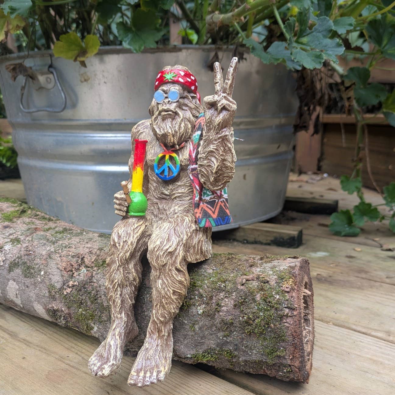 Hippie Bigfoot Sasquatch with Bohemian Bag Statue