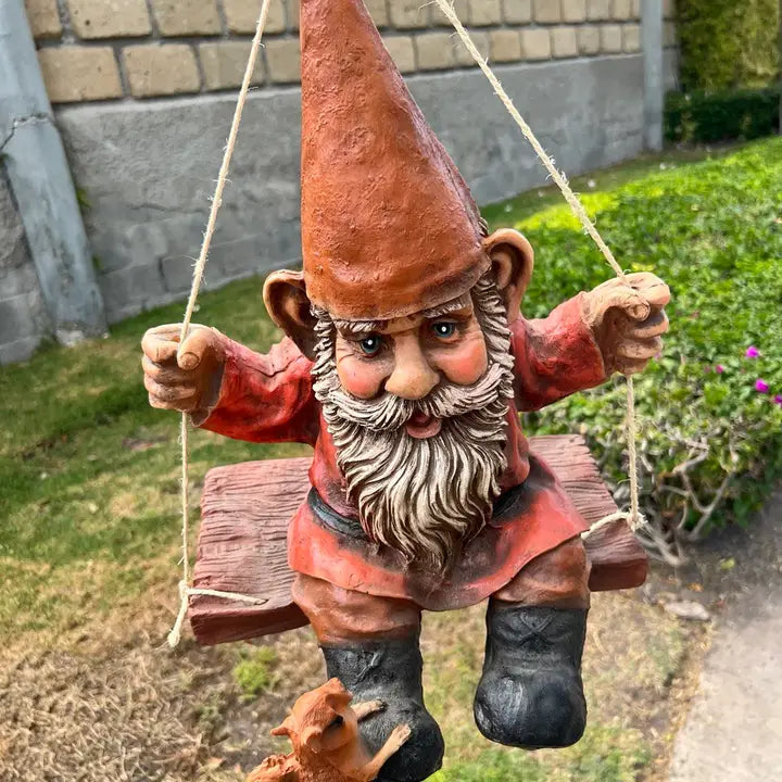 18" Resin Gnome w/ Squirrel Swinging On A Wood Board
