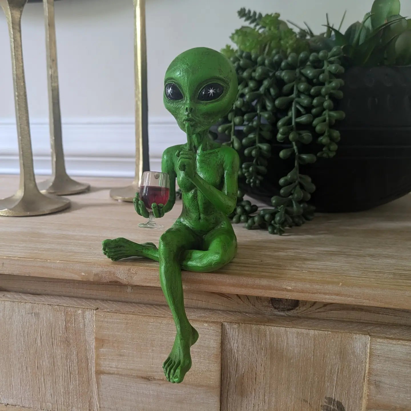 Party Alien Shelf Sitter - Babe Sipping Wine Cosmic Green