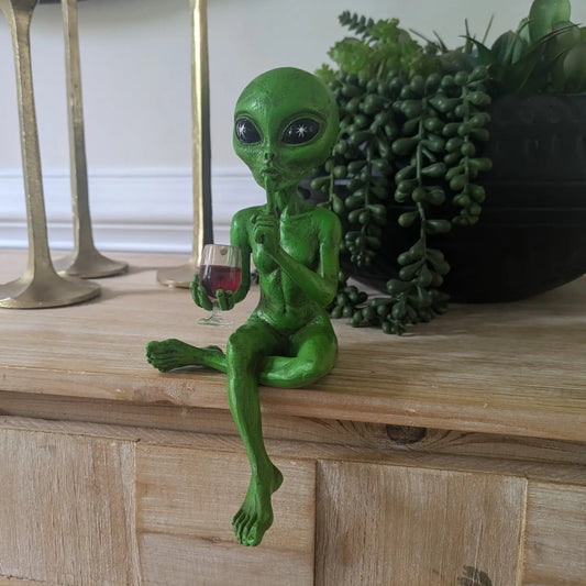 Party Alien Shelf Sitter - Babe Sipping Wine Cosmic Green