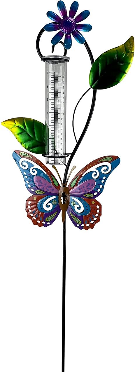 Rain Gauge Butterfly Flower Blue Pink