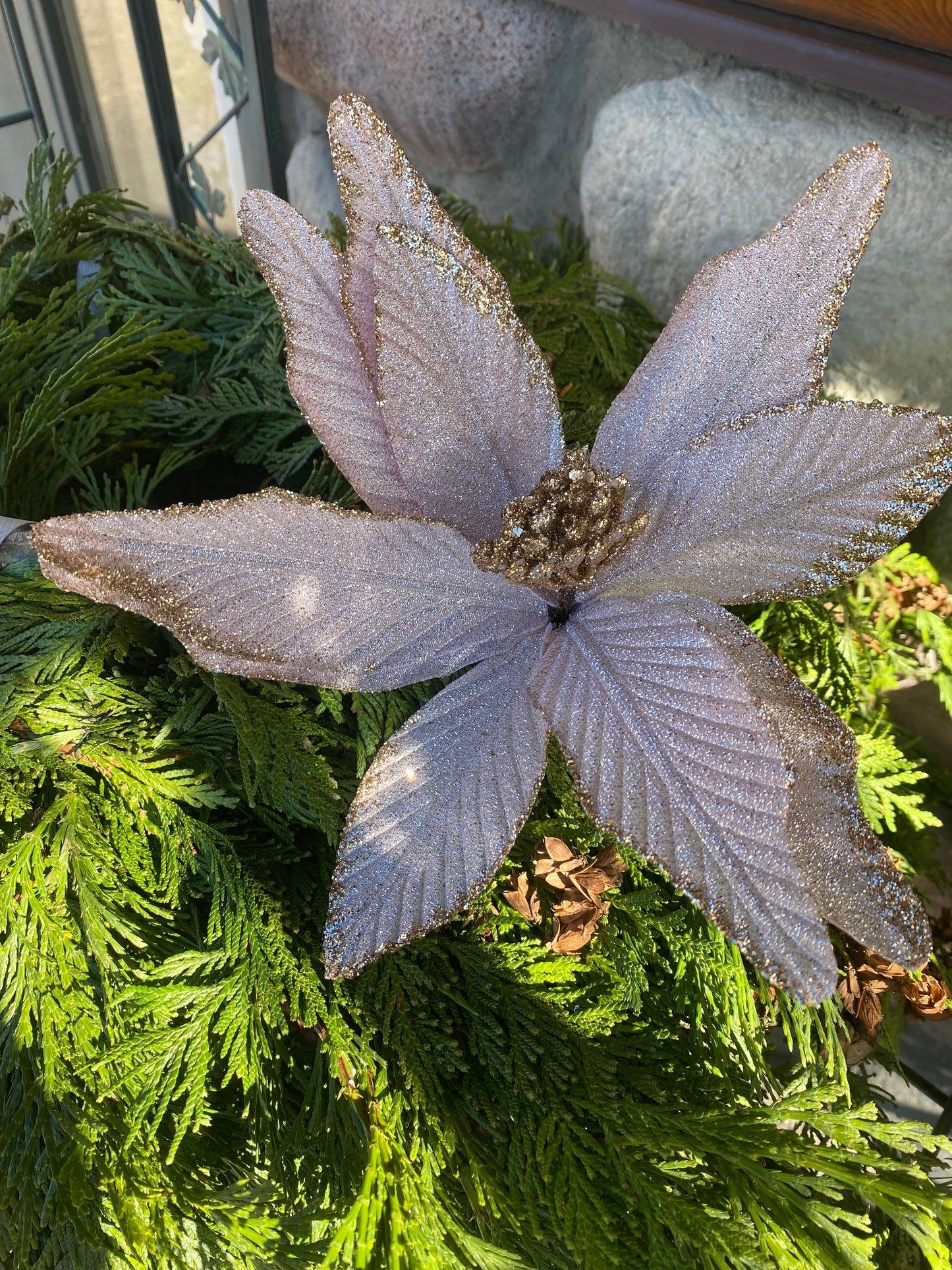 Pink Poinsettia pick with gold glitter