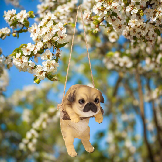 Pug Puppy on a Perch Hanging Dog Sculpture