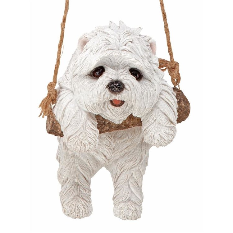 White Maltese Puppy on a Perch Hanging Dog Sculpture