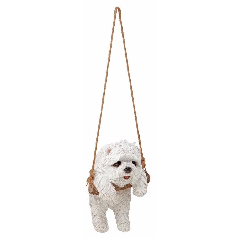 White Maltese Puppy on a Perch Hanging Dog Sculpture