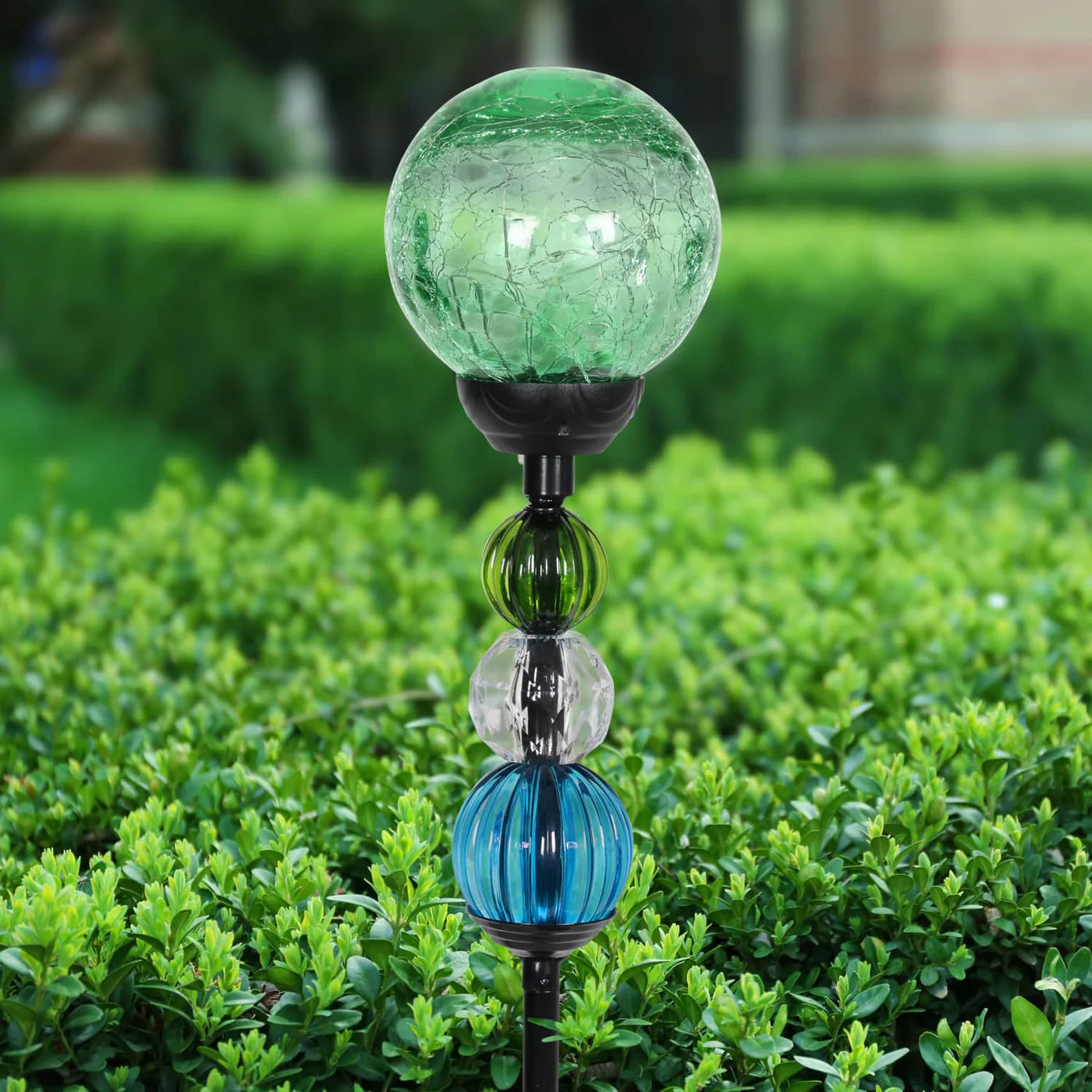 Solar Green Crackle Glass Ball And Bead Stake