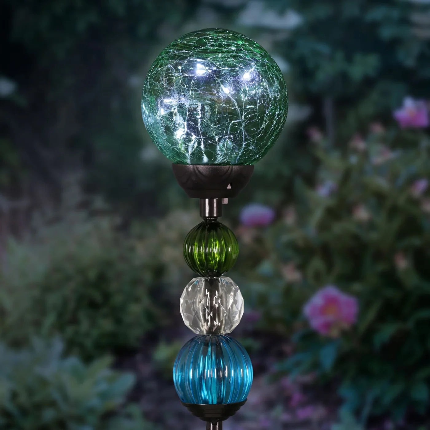 Solar Green Crackle Glass Ball And Bead Stake