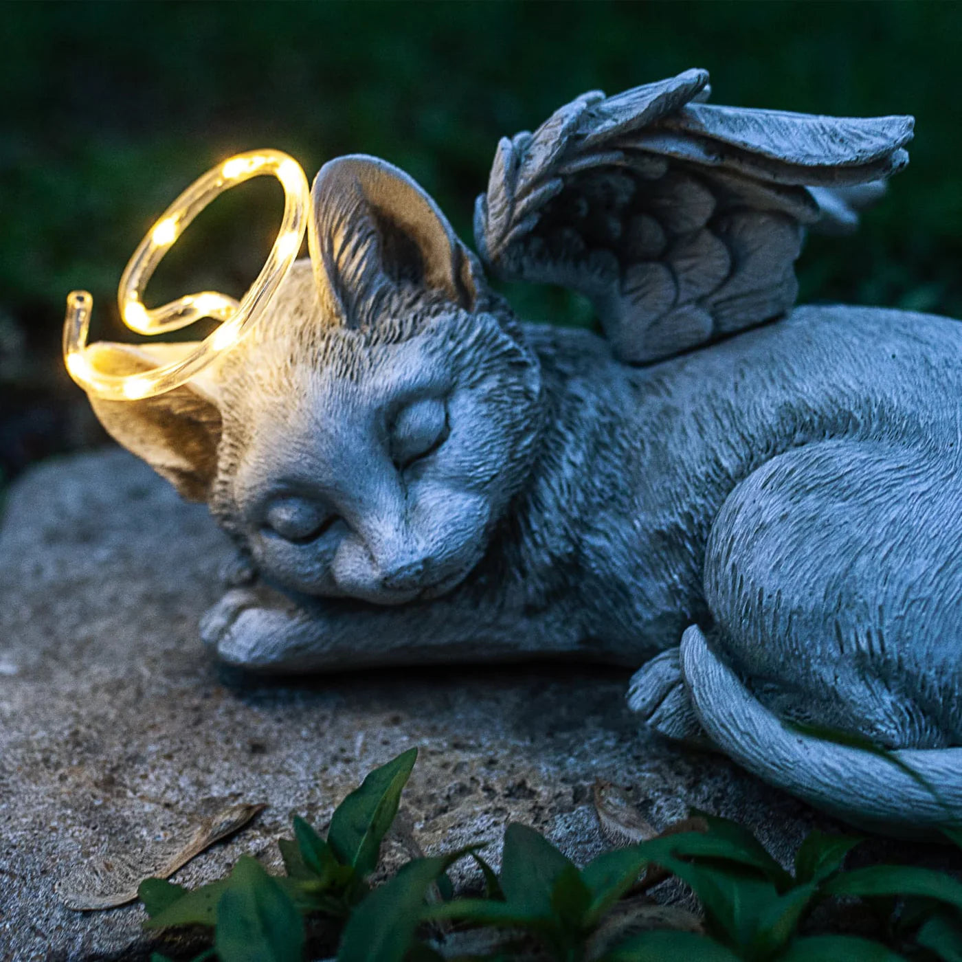 Solar Sleeping Cat Angel Statue