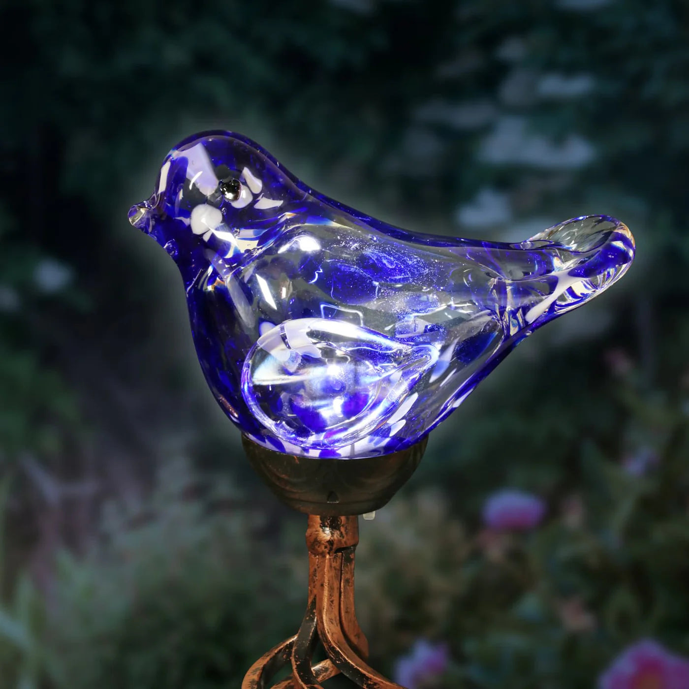 Solar Pearlized Blue Glass Bird Garden Stake