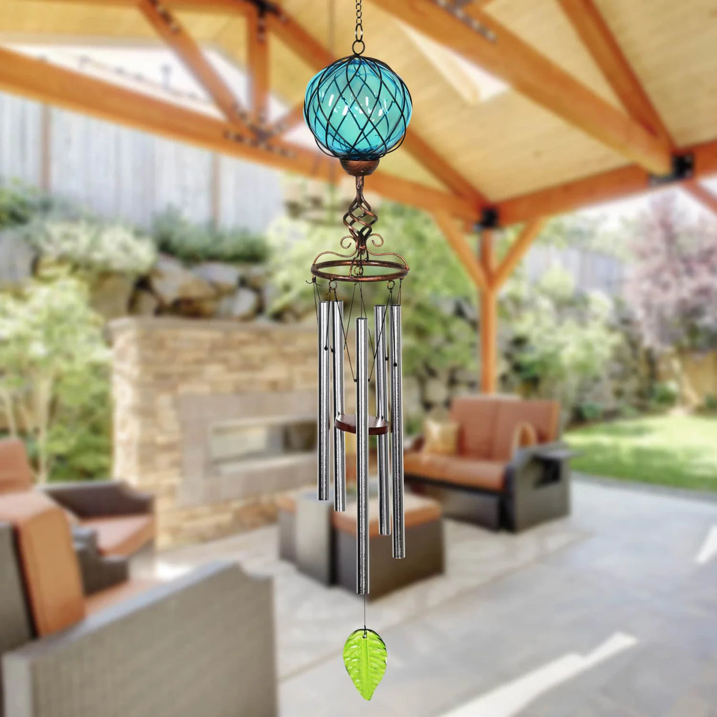 Solar Caged Blue Glass And Metal Wind Chime