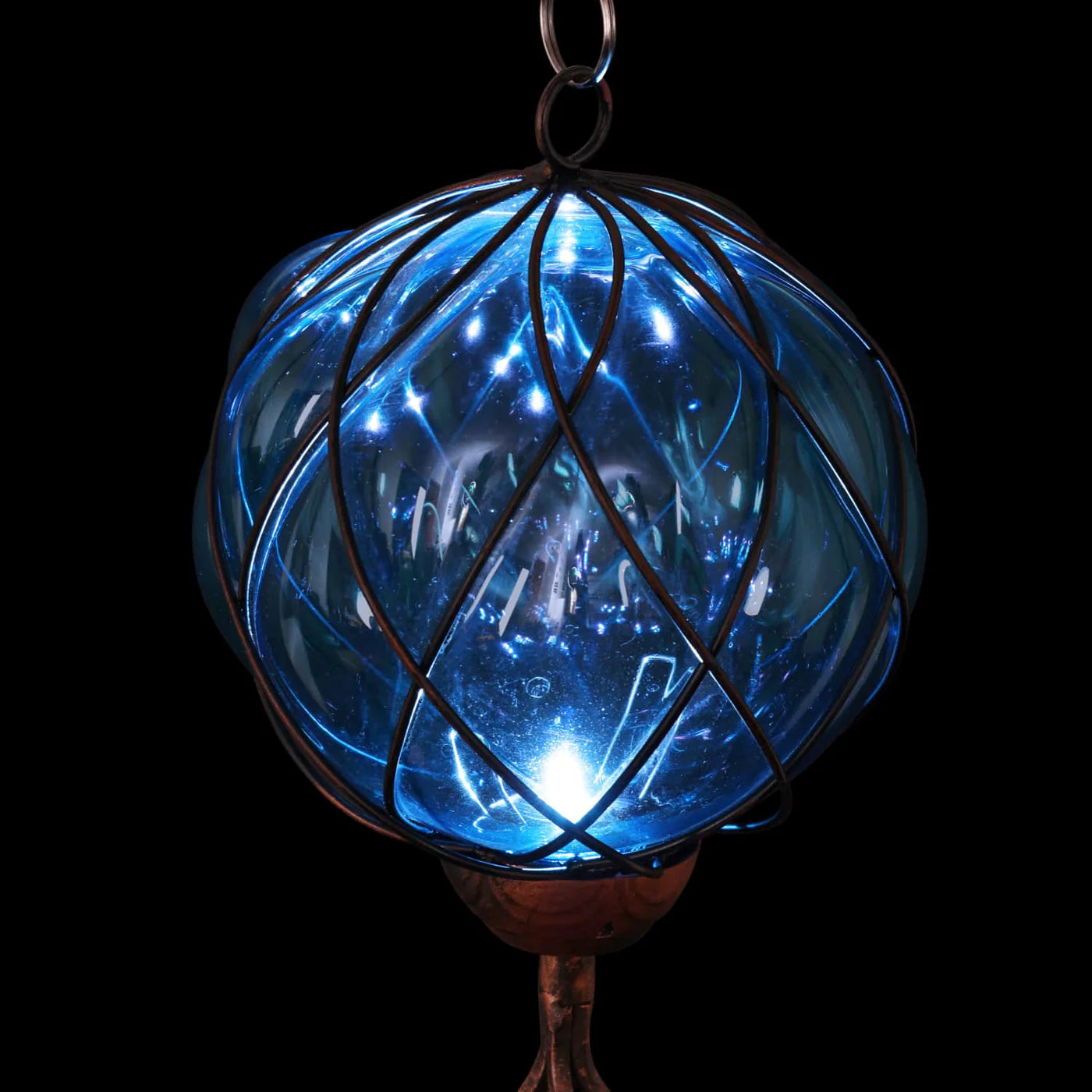 Solar Caged Blue Glass And Metal Wind Chime