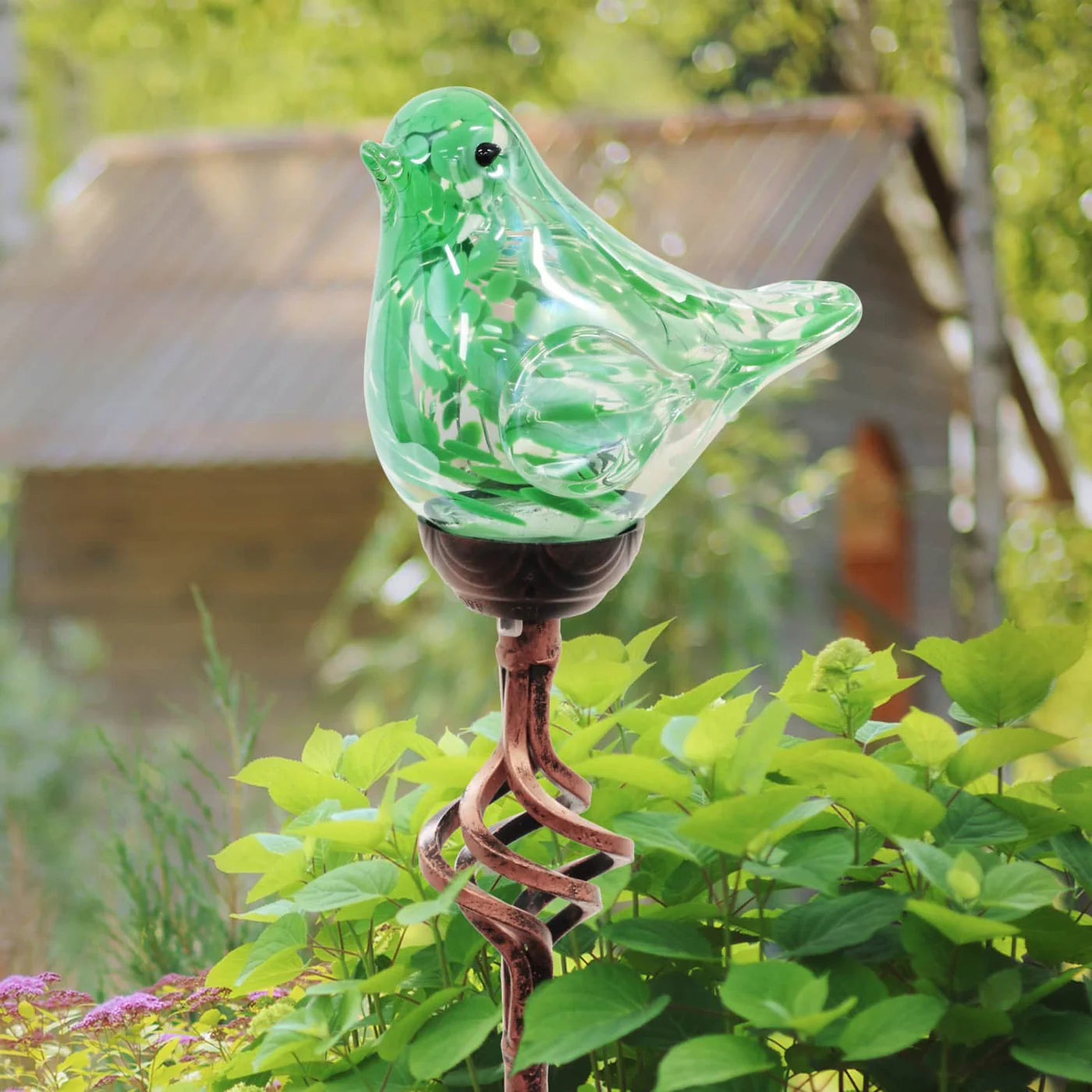 Solar Pearlized Green Glass Bird Garden Stake