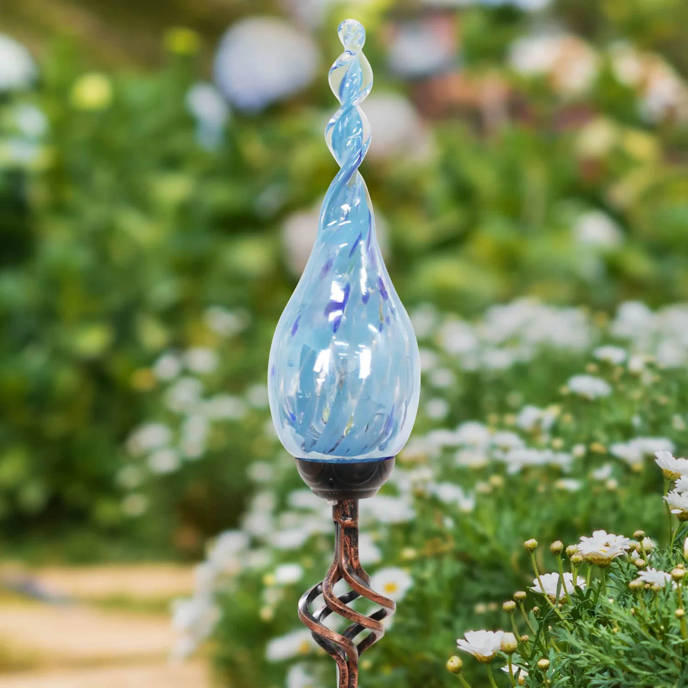 Solar Pearlized Light Blue Glass Flame Stake