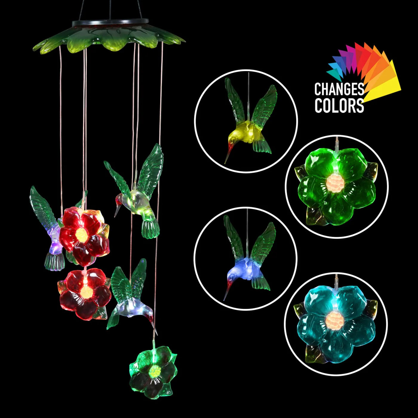 Solar Color Changing Hummingbirds And Flowers Mobile