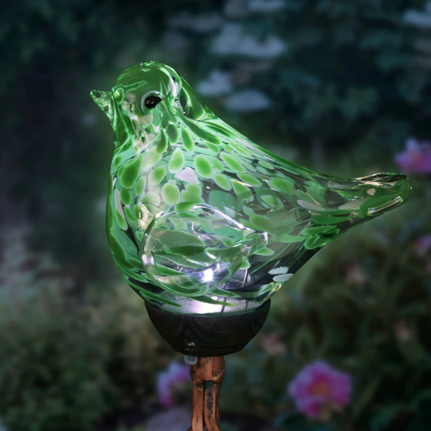 Solar Pearlized Green Glass Bird Garden Stake