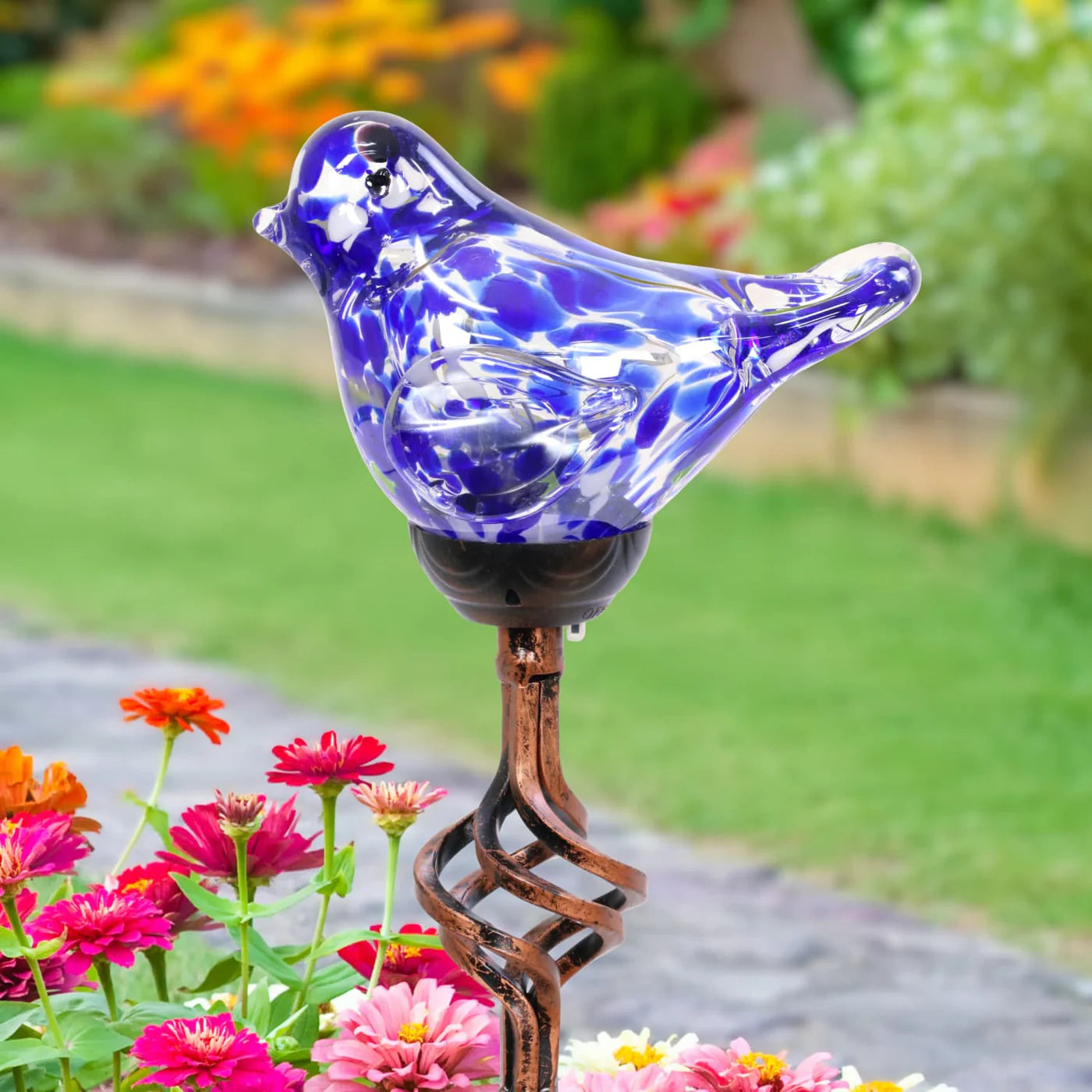 Solar Pearlized Blue Glass Bird Garden Stake