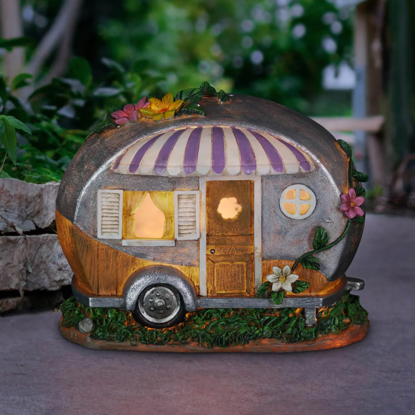 Solar Lavender Camping Trailer Statue