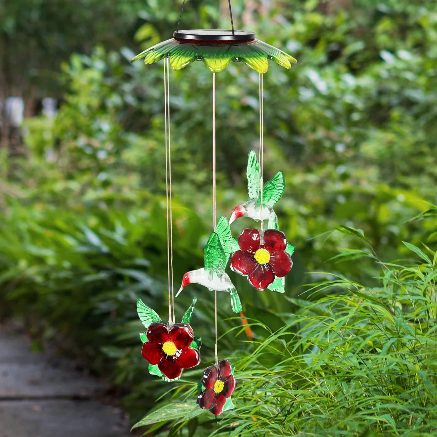 Solar Color Changing Hummingbirds And Flowers Mobile